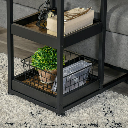 Industrial Mobile Sofa Side Table C Shaped Rolling Couch Table With 3 Tier Storage Shelving Four Lockable Wheels Steel Frame Brown