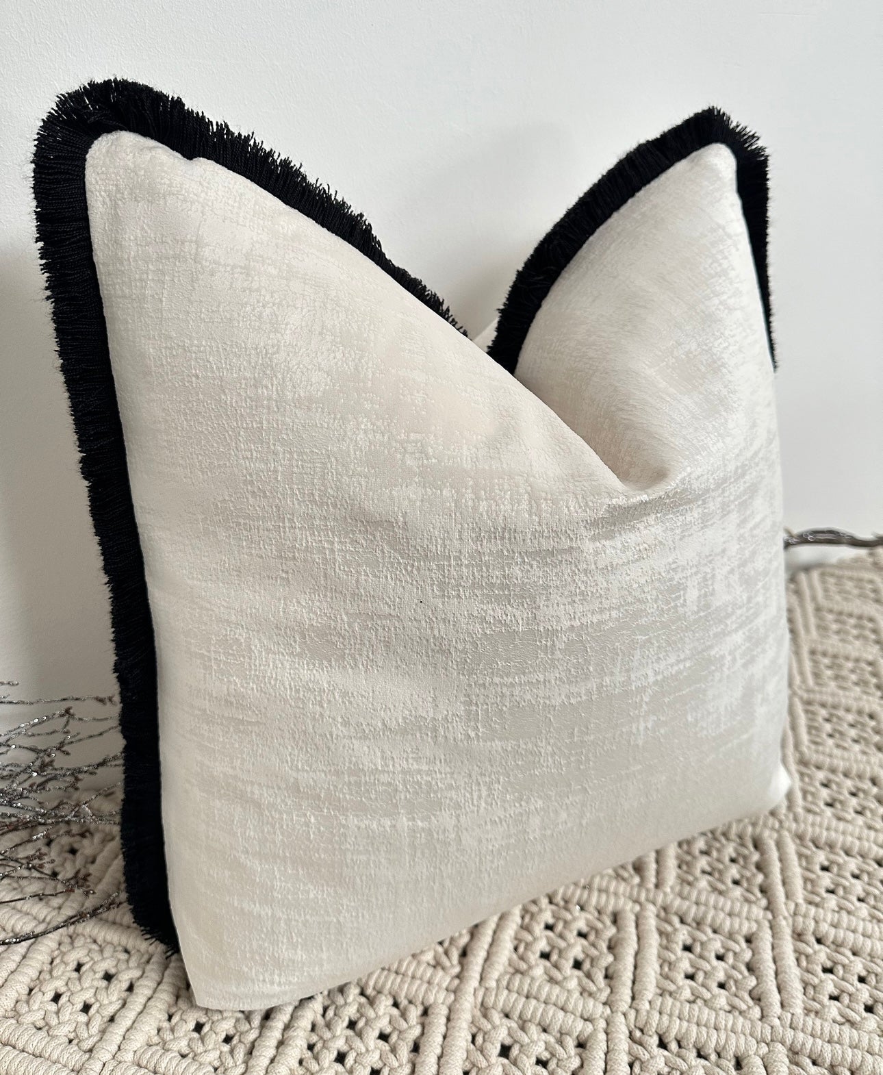 The Couture Cushion - The Fringed Ivory Dolce fringed in Black - Style No. 133