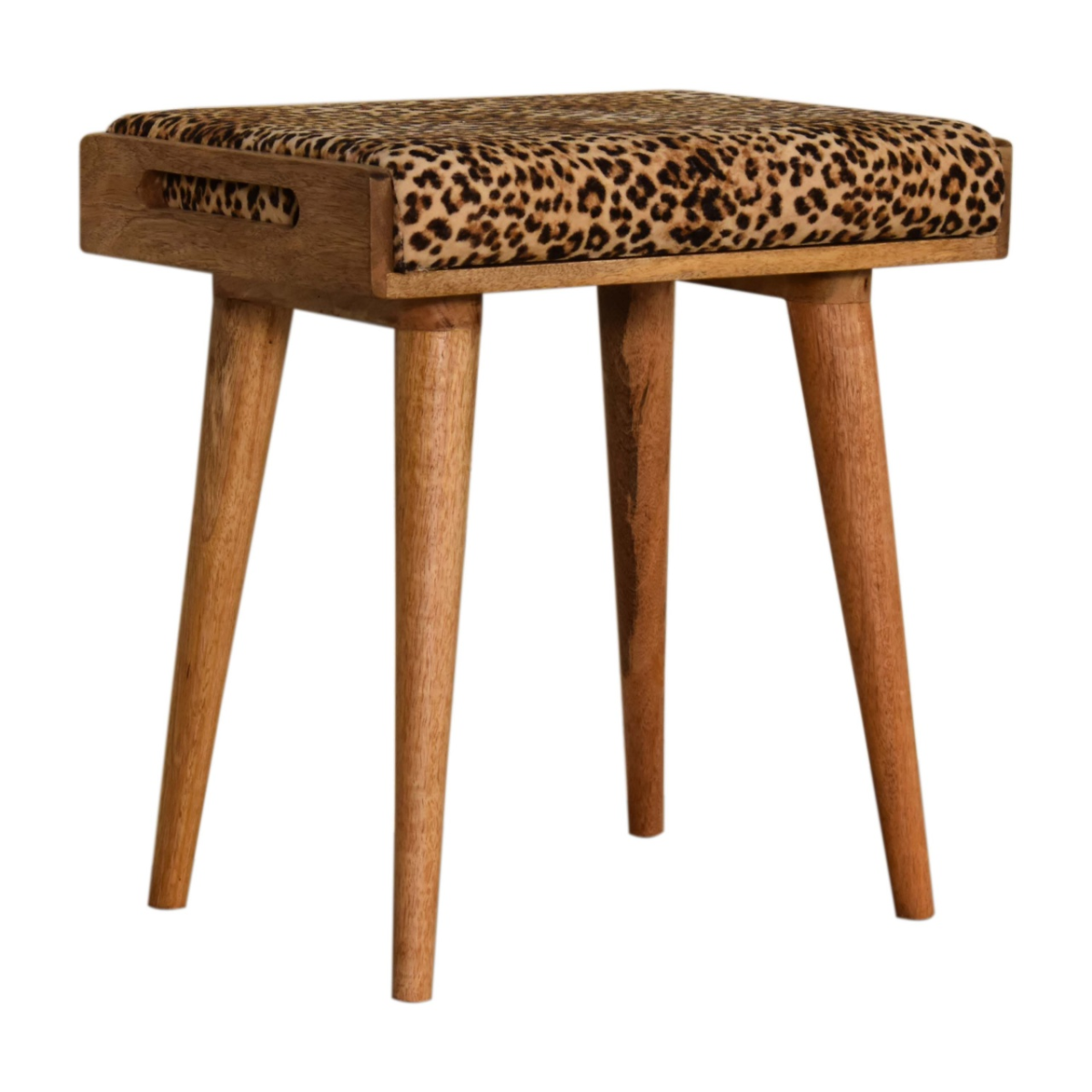 Artisan Furniture Solid Mango Wood Leopard Velvet Tray Style Footstool