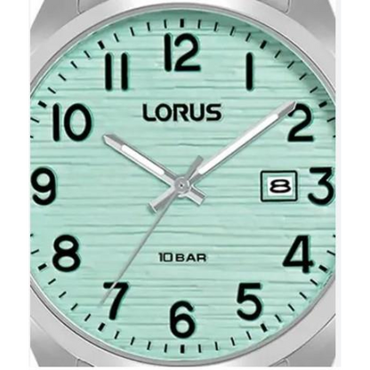 Lorus Mens  Basic Fashion Date Light Green Textured Dial Silver Plated Stainless Steel Bracelet Watch RH909RX9