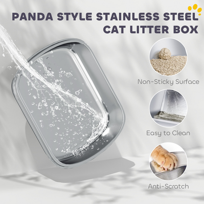 PawHut XL Stainless Steel Litter Box Tray with Lid, Panda Style