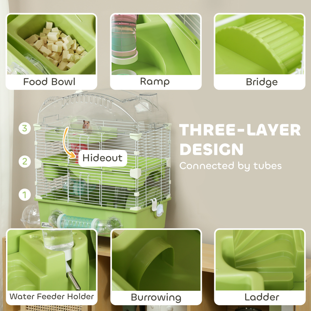 PawHut 3-Tier Hamster Cage, Hamster Habitat with Accessories, Green