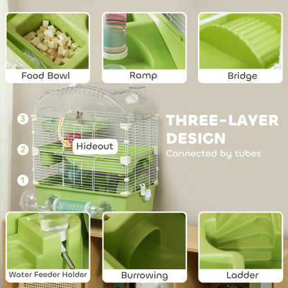 PawHut 3-Tier Hamster Cage, Hamster Habitat with Accessories, Green