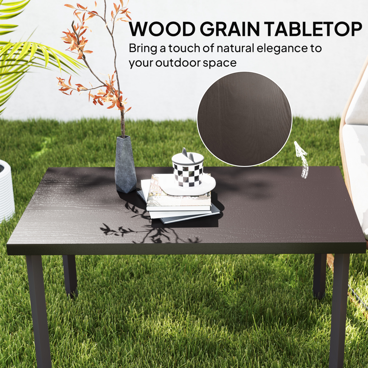 Outsunny Metal Garden Coffee Table with Woodgrain Tabletop, Brown