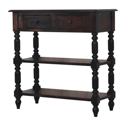 Artisan Furniture Solid Wood Turned legs Cherry Side Table, 2 Drawers, 2 Shelves, Dark Brown