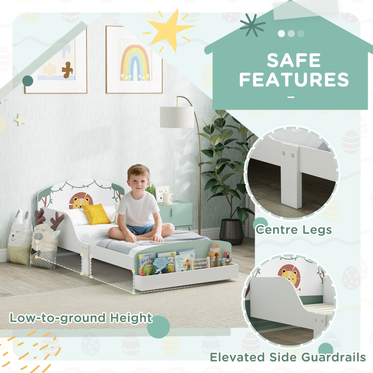 AIYAPLAY Toddler Bed, Lion-Themed Kids Bed Frame with Storage