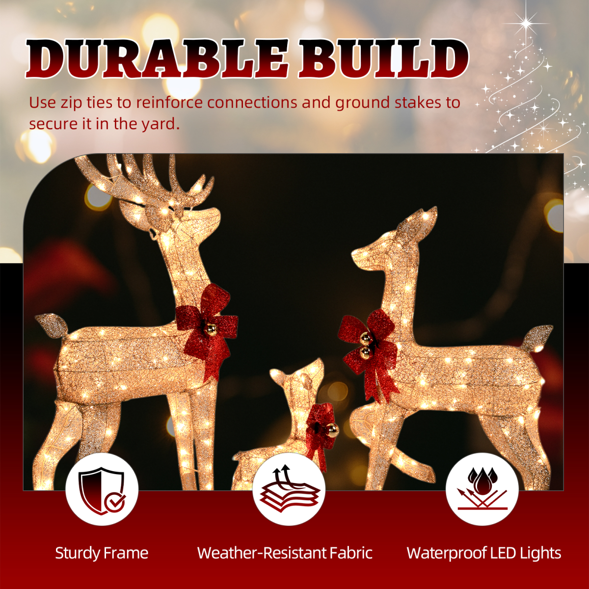 3-Piece Lighted Christmas Reindeer Family Set Outdoor Decorations, Weather Proof Sparkling Deer Family Set of 3 Christmas Ornament Home Decor Pre-lit 210 LED Warm White Lights, 4FT, Golden