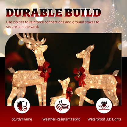 3-Piece Lighted Christmas Reindeer Family Set Outdoor Decorations, Weather Proof Sparkling Deer Family Set of 3 Christmas Ornament Home Decor Pre-lit 210 LED Warm White Lights, 4FT, Golden