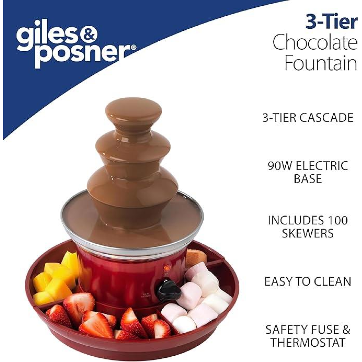 Giles & Posner EK3428G Chocolate Fountain with Fruit Tray and 100 Bamboo Skewers - Red
