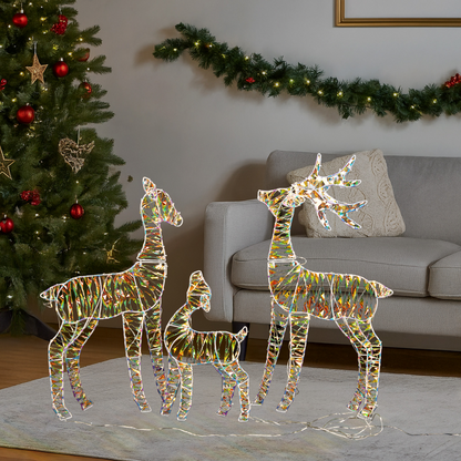 3-Piece Lighted Iridescent Christmas Reindeer Family Set Outdoor Decorations, Weather Proof Deer Family Set of 3 Christmas Ornament Home Decor Pre-lit 110 LED Warm White Lights, 2.4FT