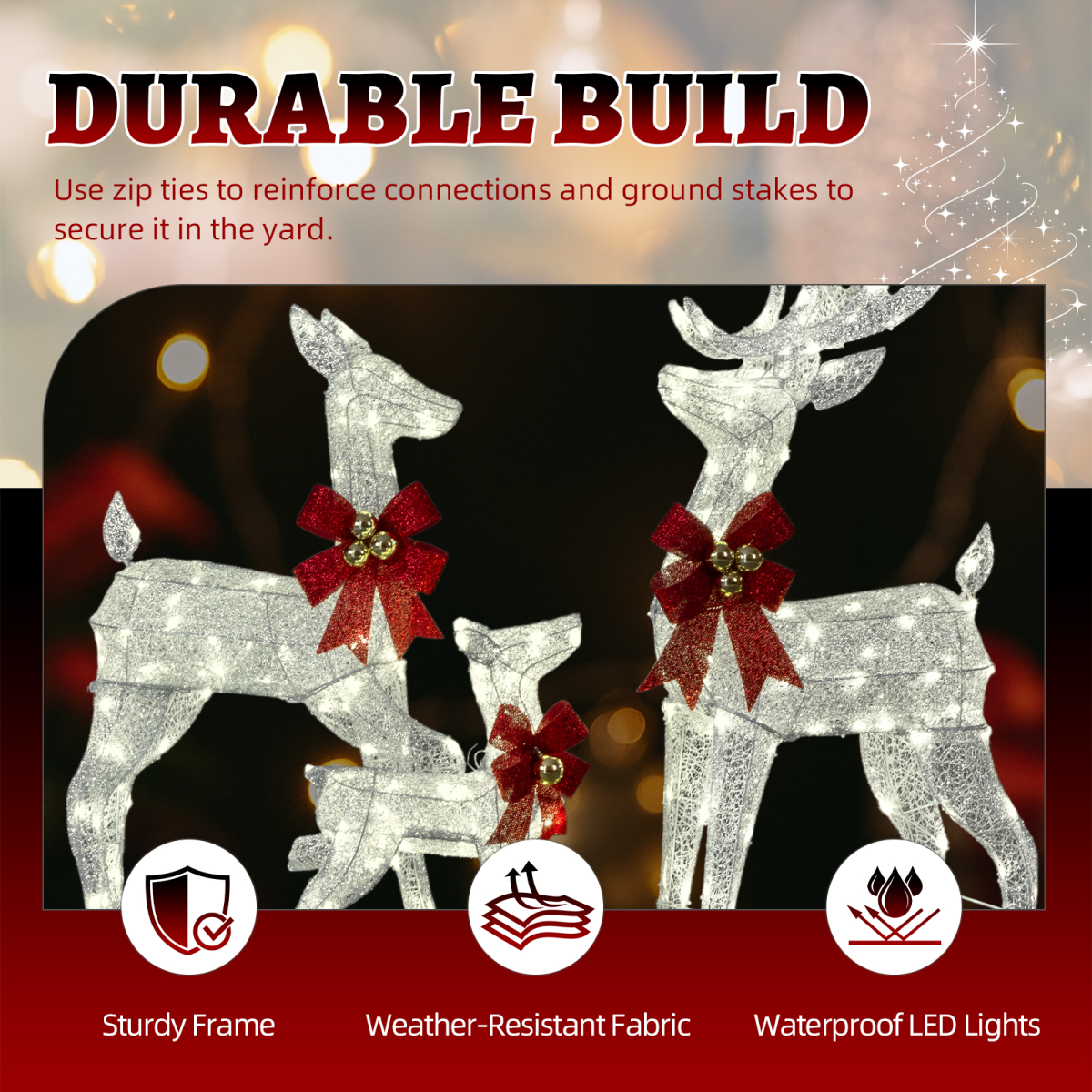 3-Piece Lighted Christmas Reindeer Family Set Outdoor Decorations, Weather Proof Sparkling Deer Family Set of 3 Christmas Ornament Home Decor Pre-lit 210 LED Warm White Lights, 4FT, Silver
