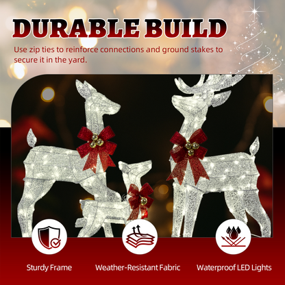 3-Piece Lighted Christmas Reindeer Family Set Outdoor Decorations, Weather Proof Sparkling Deer Family Set of 3 Christmas Ornament Home Decor Pre-lit 210 LED Warm White Lights, 4FT, Silver