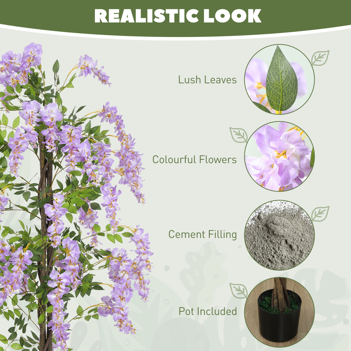 HOMCOM Artificial Wisteria Flower with 756 Leaves and 54 Flowers, Purple