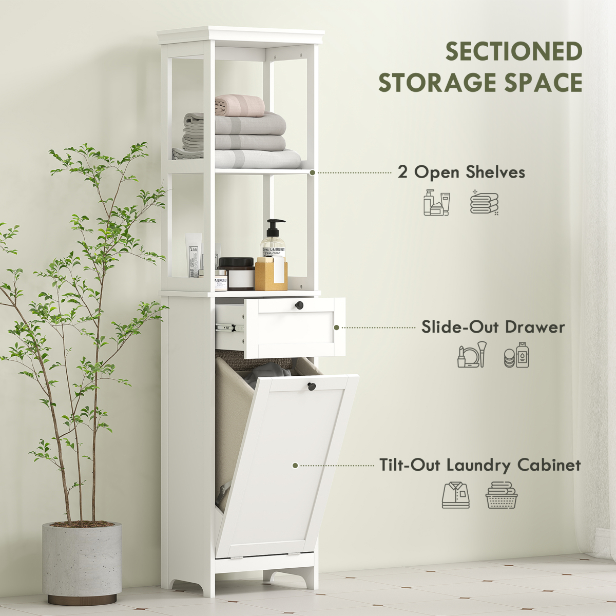 HOMCOM Slim Bathroom Storage Unit with Tilt-Out Laundry Cabinet Drawer White