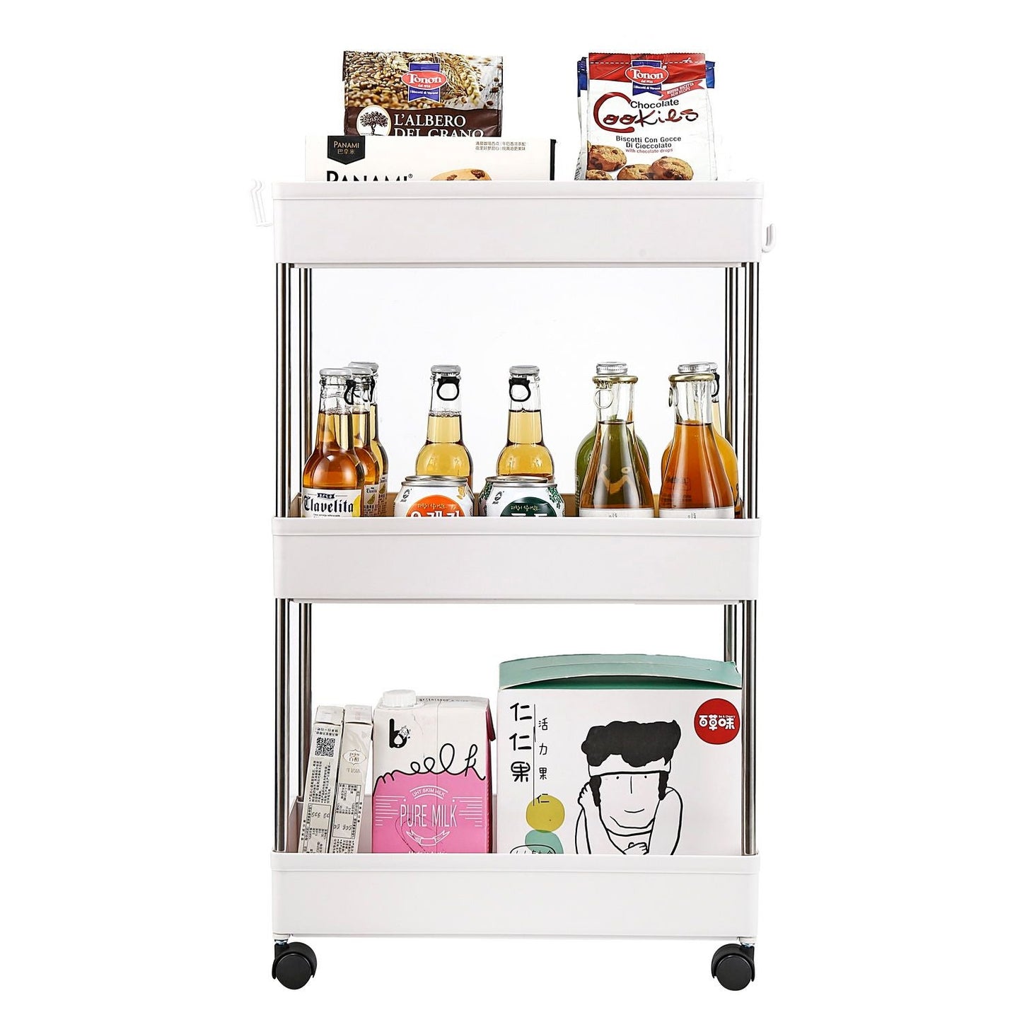 3-Layer Mobile Multi-functional Storage Cart,Suitable for Kitchen, Bathroom, Laundry Room Narrow Place, Plastic and Stainless Steel, White