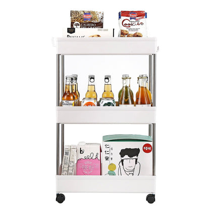 3-Layer Mobile Multi-functional Storage Cart,Suitable for Kitchen, Bathroom, Laundry Room Narrow Place, Plastic and Stainless Steel, White