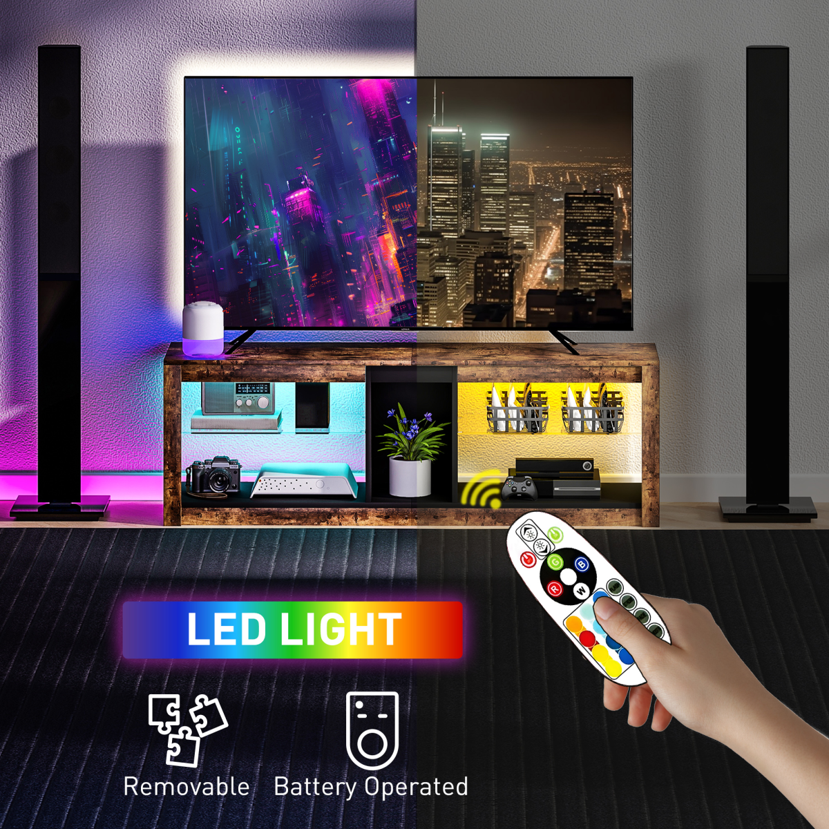 HOMCOM TV Stand, Entertainment Centre with LED Lights, Rustic Brown