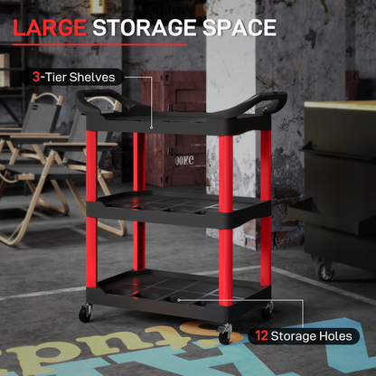 HOMCOM 3-Tier Rolling Tool Cart, Tool Trolley on Wheels for Garage, Black