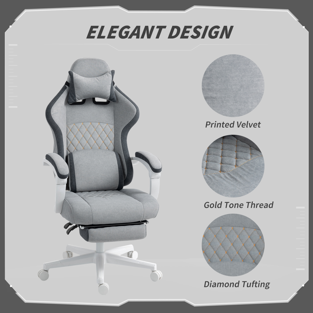 HOMCOM Printed Velvet Computer Recliner Chair with Adjustable Height, Grey