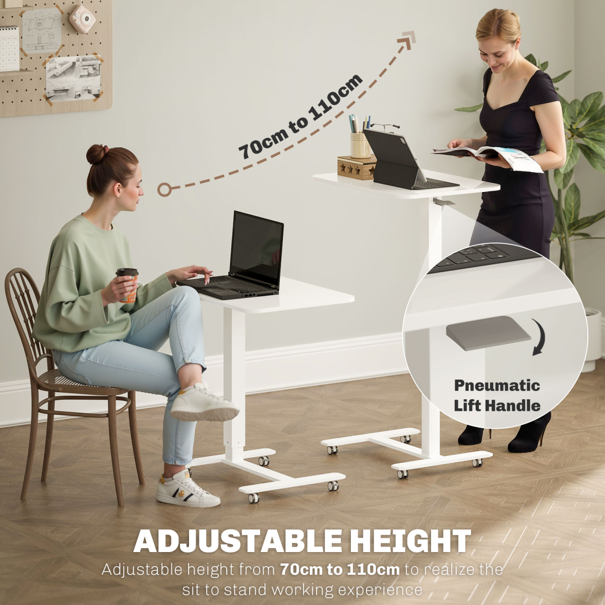 HOMCOM Height Adjustable Standing Desk with Wheels for Home Office, White