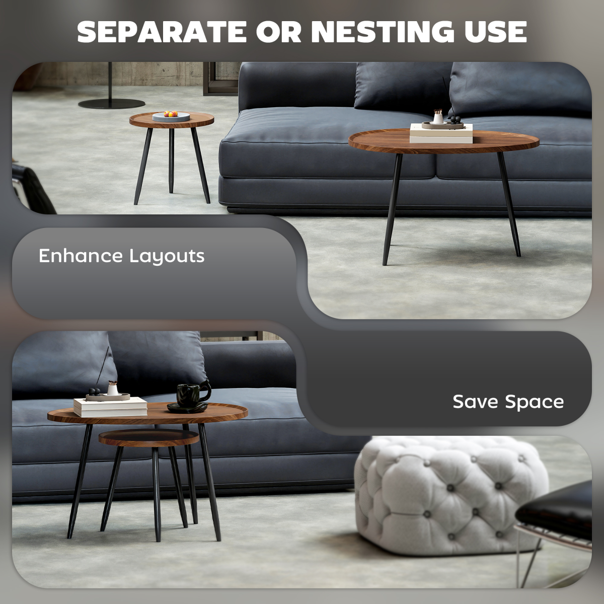 HOMCOM 2 80cm Sofa Side Table Set of 2 with Metal Legs, Chestnut Wood Effect