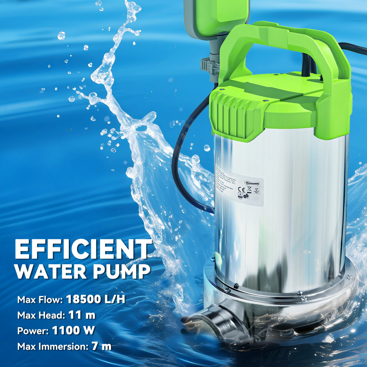 Outsunny 1100W Water Pump with Float Switch, 18500L/H Electric Sump Pump