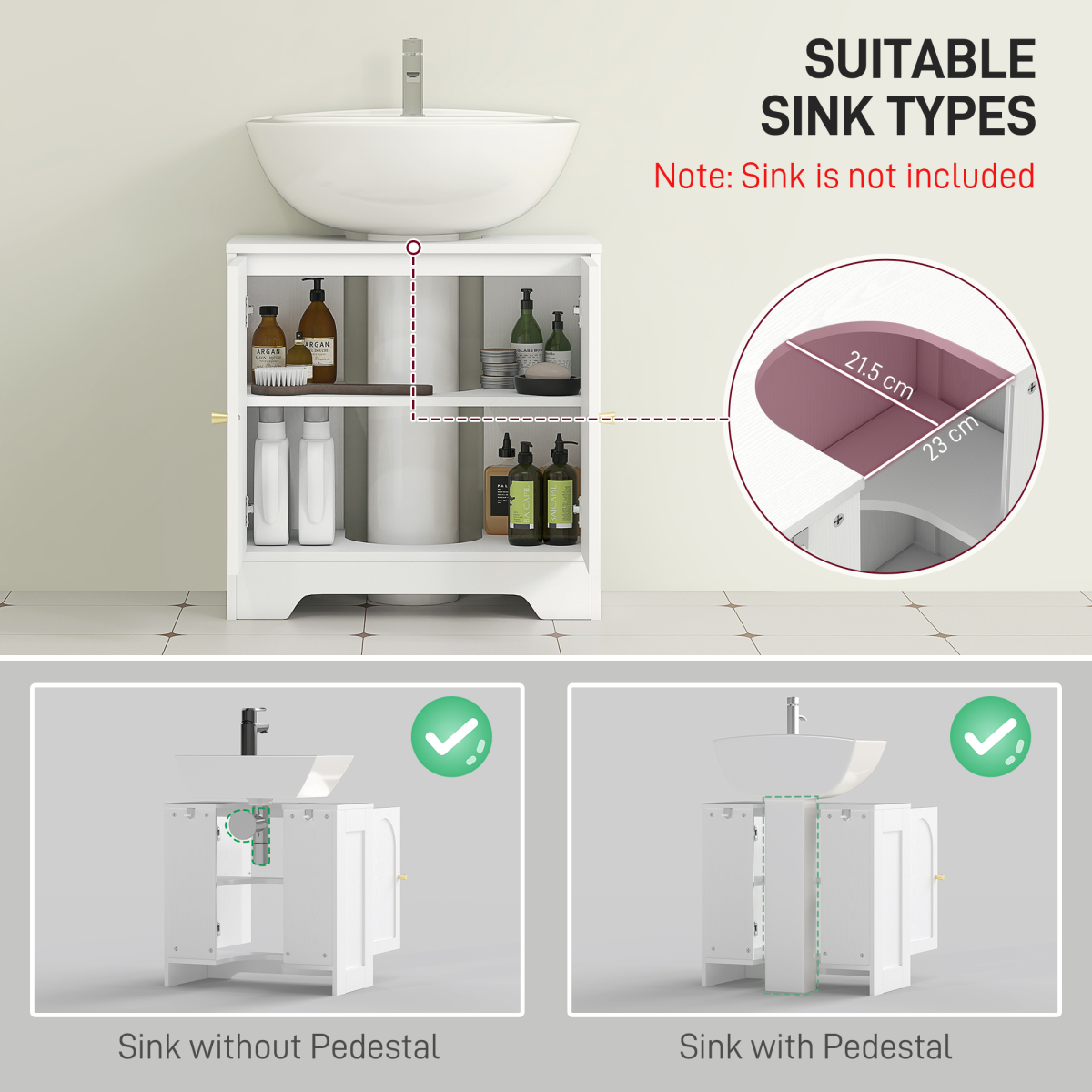 HOMCOM Modern Under Sink Cabinet for Basin without or with Pedestal, White