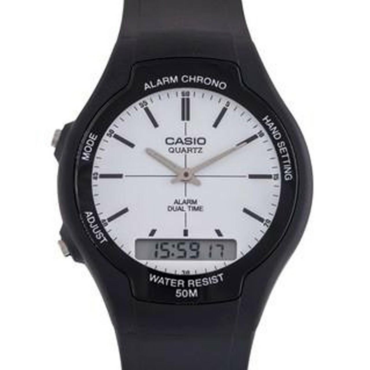 Casio Mens Dual Digital Time White Dial Black Rubber Strap Watch - AW-90H-7EVDF