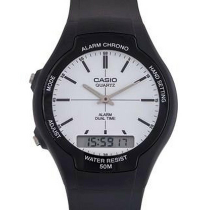 Casio Mens Dual Digital Time White Dial Black Rubber Strap Watch - AW-90H-7EVDF