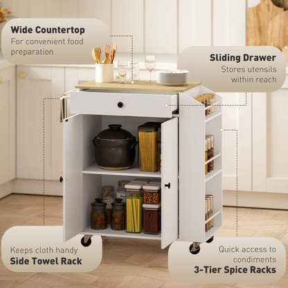 HOMCOM Kitchen Island with 3-Tier Spice Rack, Kitchen Cart with Towel Rack