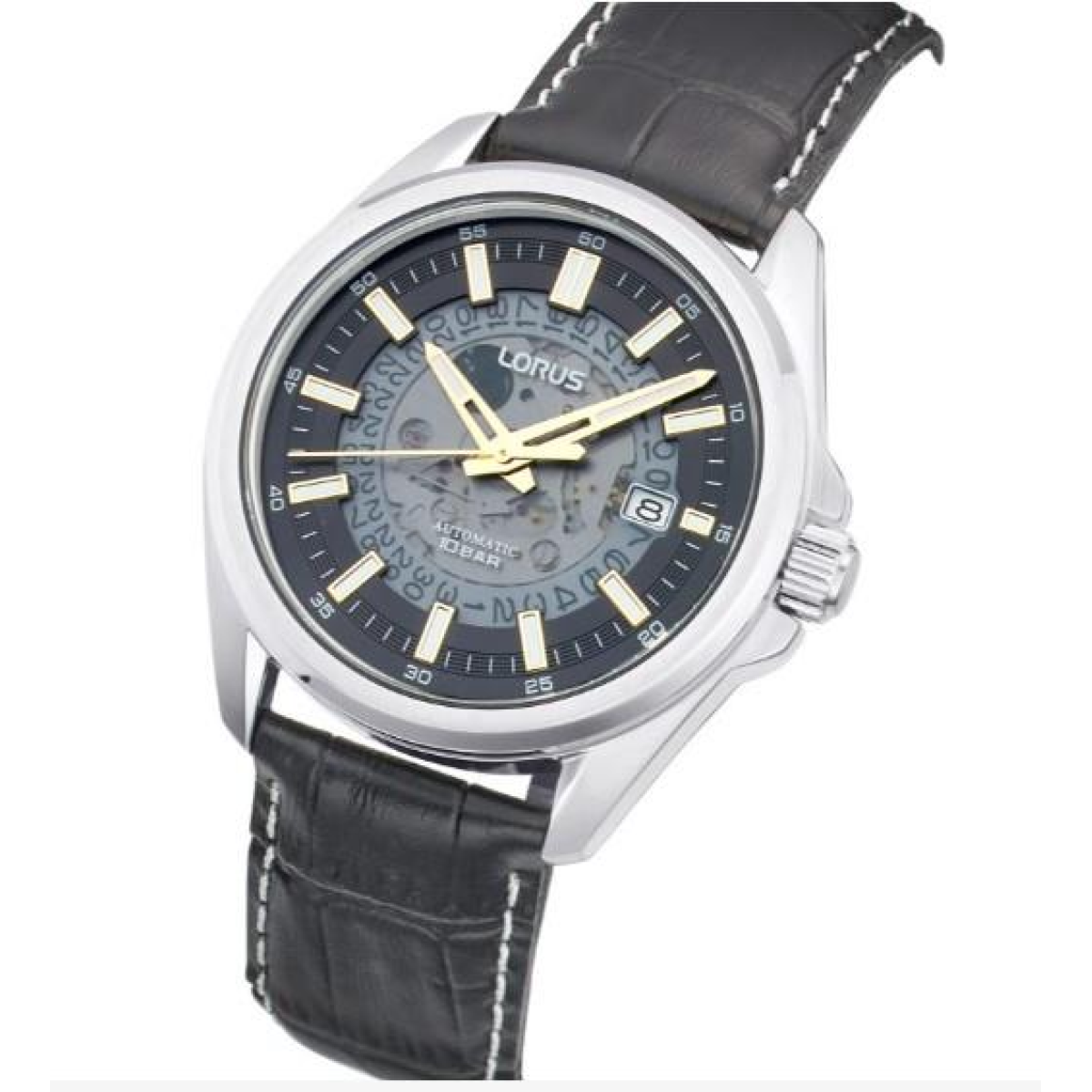 Lorus Mens Automatic Date Black Dial Black Leather strap Watch RU411AX9