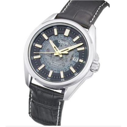 Lorus Mens Automatic Date Black Dial Black Leather strap Watch RU411AX9