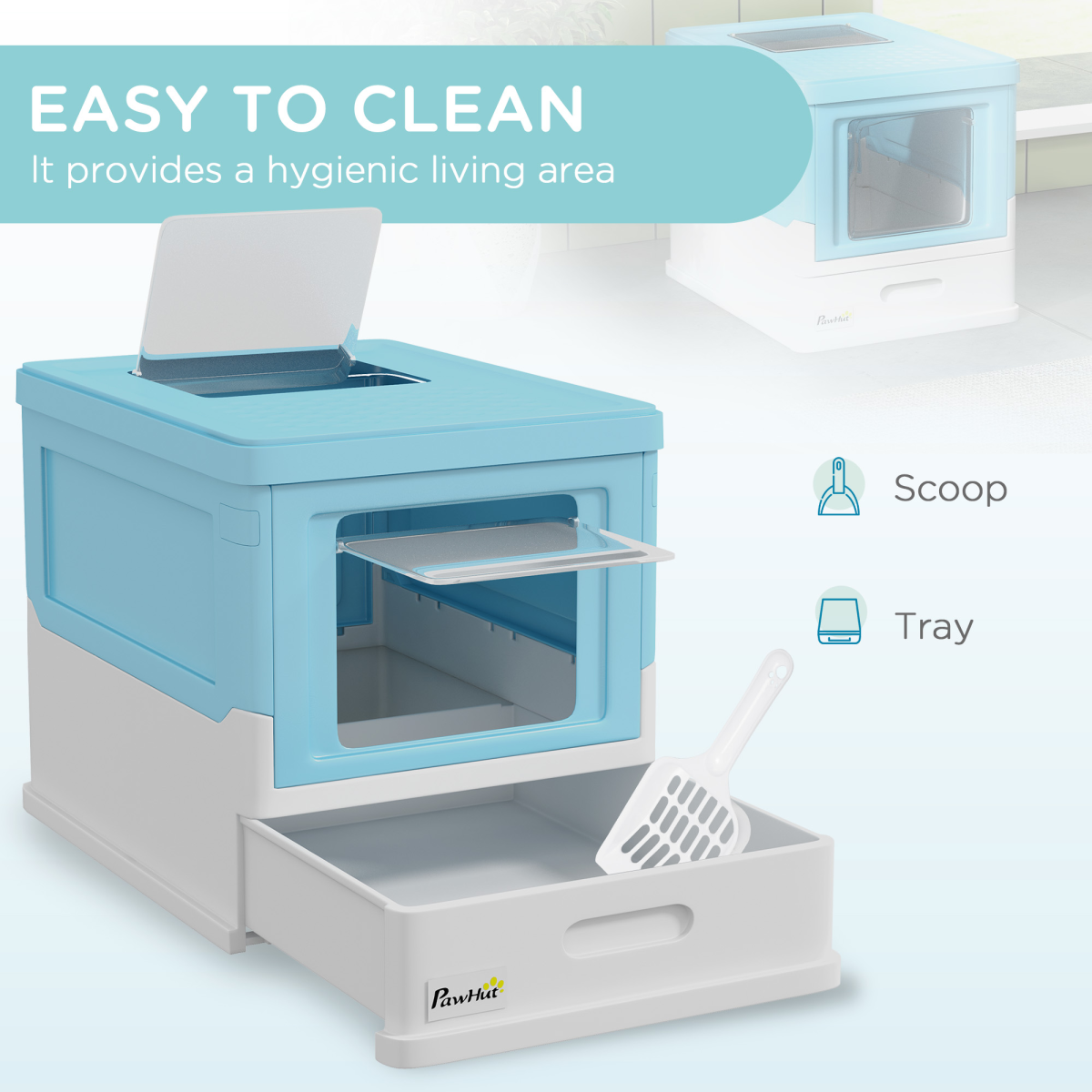 PawHut Hooded Cat Litter Box, Pet Toilet w/ Scoop, Tray - Light Blue