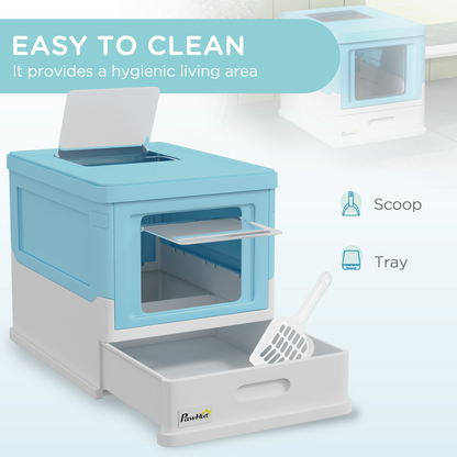 PawHut Hooded Cat Litter Box, Pet Toilet w/ Scoop, Tray - Light Blue