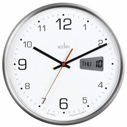Acctim Kalendar Silver Frame with Digital Date 270mm Diameter Wall Clock 22367