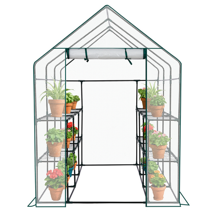 Mini Walk-in Greenhouse with PE Cover, 8-Shelf Indoor Outdoor Plant Gardening Green House for Garden Backyard, 56" x 56" x 77", White