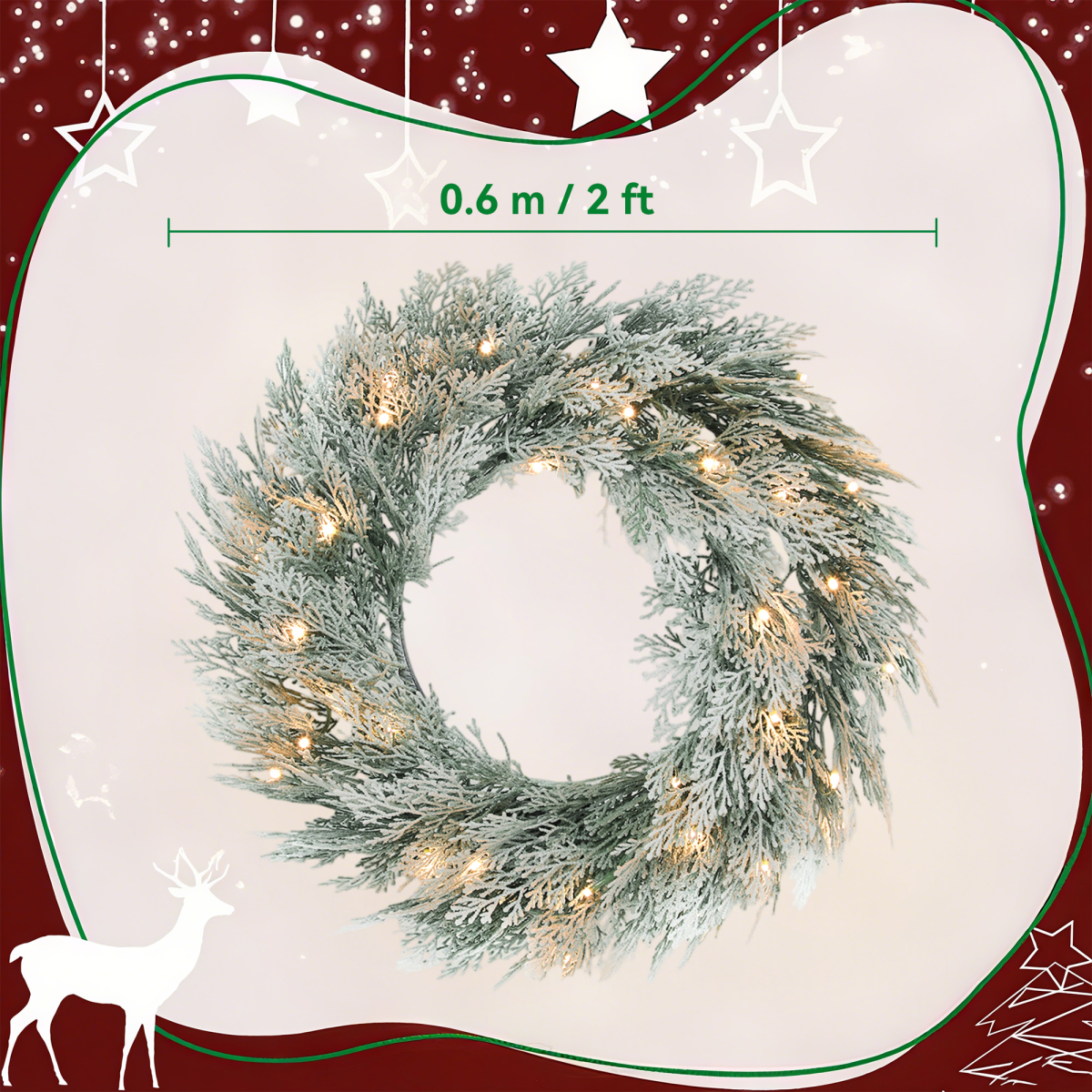 HOMCOM 60 cm Prelit Christmas Wreath, Flocked Front Door Wreath with Timer