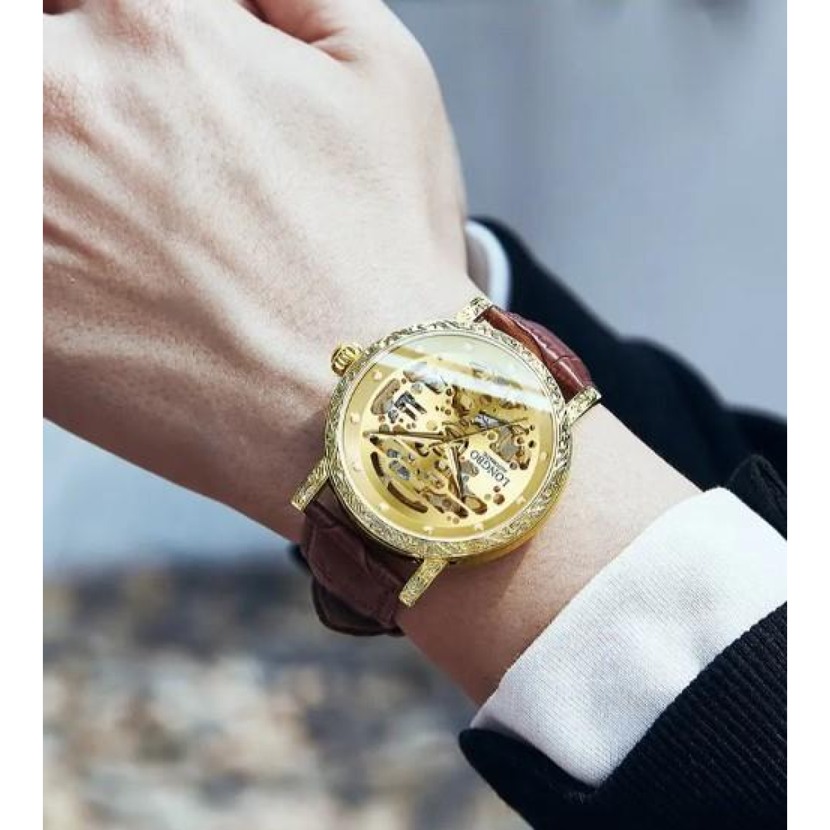 NY London Mens Automatic Hollow mechanical Dial Analogue Gold/Brown Leather Strap Watch