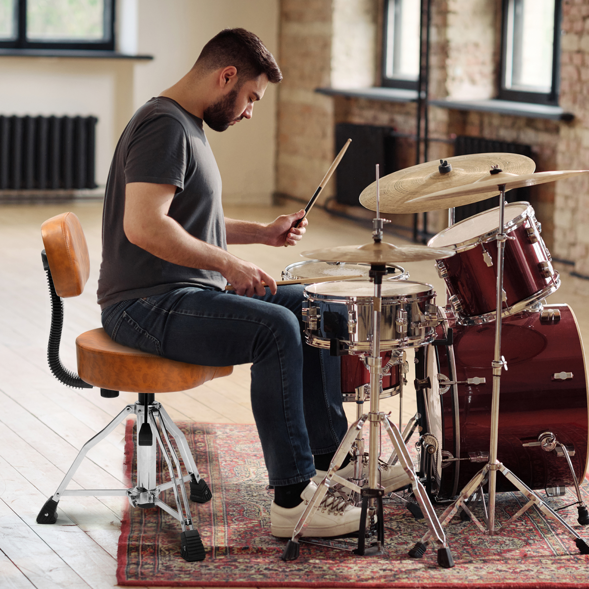 Drum Throne with Backrest, Hydraulic Drum Stool Adjustable Height, Heavy Duty Hydraulic Drum Seat Saddle Design for Drummers Brown