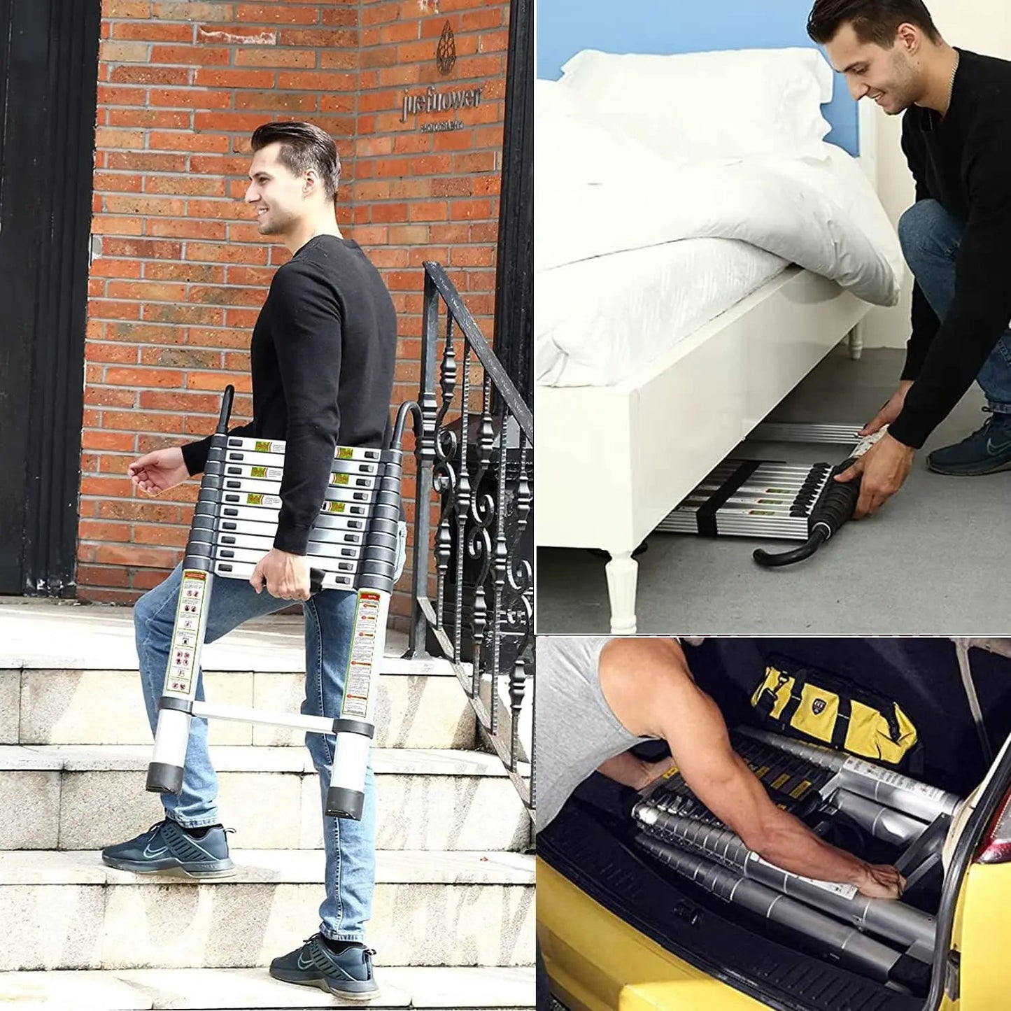 DayPlus 3.2-6.2M Telescopic Ladder with Roof Hook Kit Aluminium Portable Multi-Purpose Folding Portable Heavy Duty Extendable