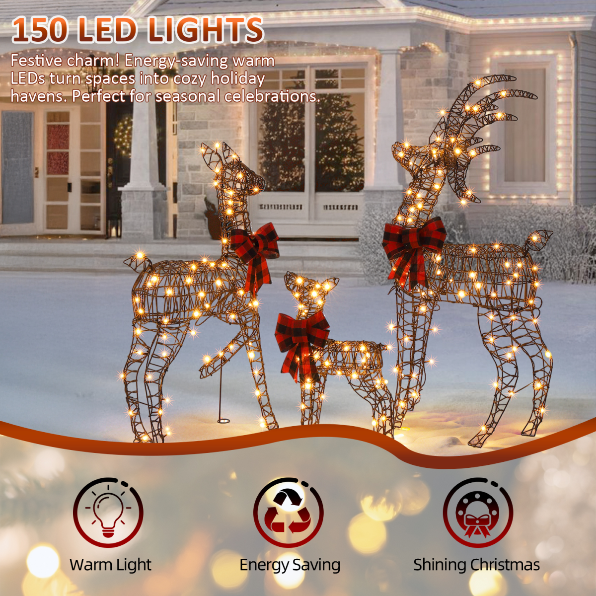3-Piece Lighted Christmas Reindeer Family Set Outdoor Decorations, Weather Proof Rattan Deer Family Set of 3 Christmas Ornament Home Decor Pre-lit 210 LED Warm White Lights, 4FT, Brown