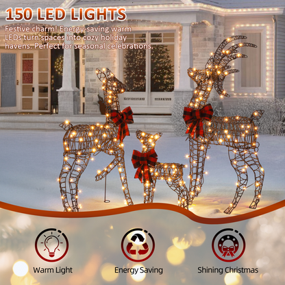 3-Piece Lighted Christmas Reindeer Family Set Outdoor Decorations, Weather Proof Rattan Deer Family Set of 3 Christmas Ornament Home Decor Pre-lit 210 LED Warm White Lights, 4FT, Brown