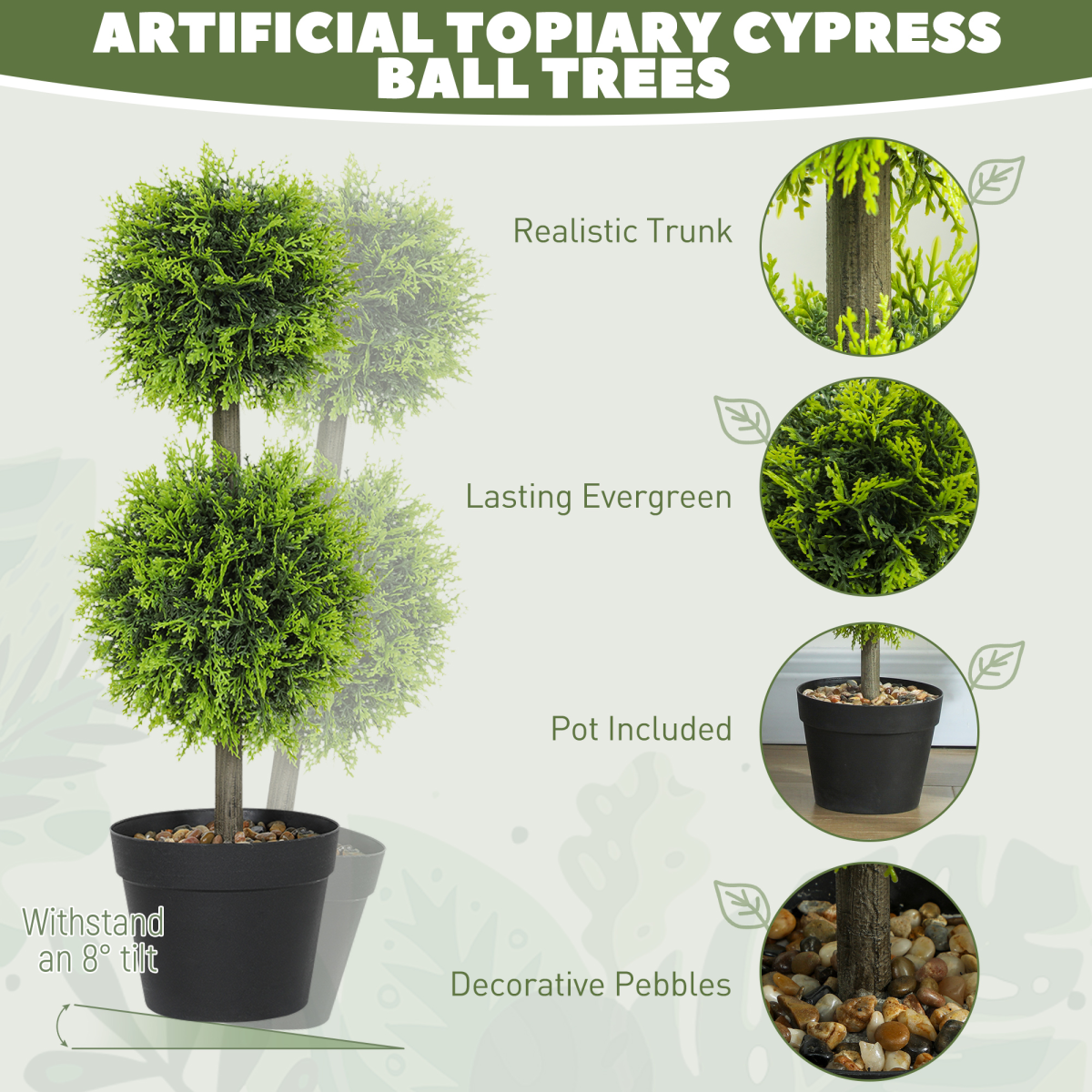 HOMCOM Set of 2 Artificial Topiary Cypress Ball Trees with Pot and Pebbles