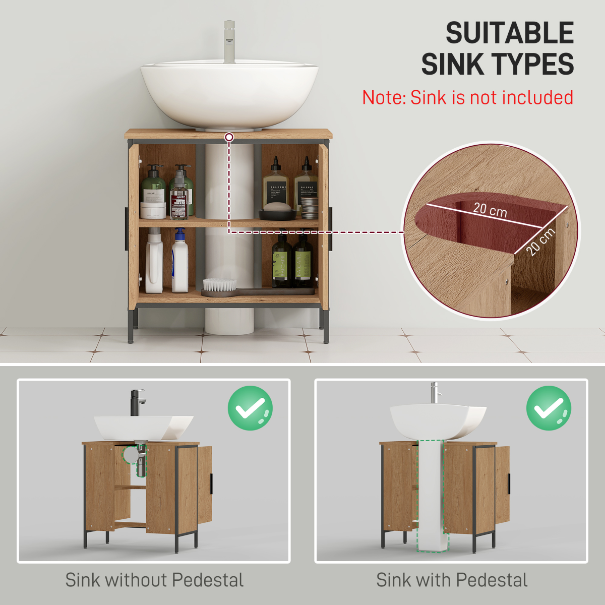 HOMCOM Under Sink Cabinet with Doors for Basin without or with Pedestal Oak