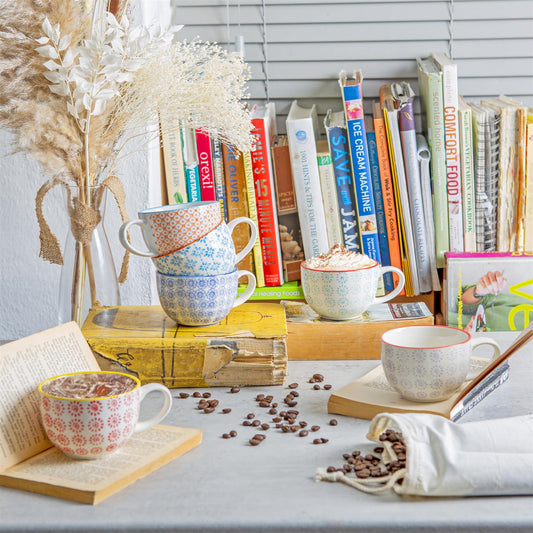 250ml Multicoloured Hand-Printed Stoneware Cappuccino Cups - Pack of Six