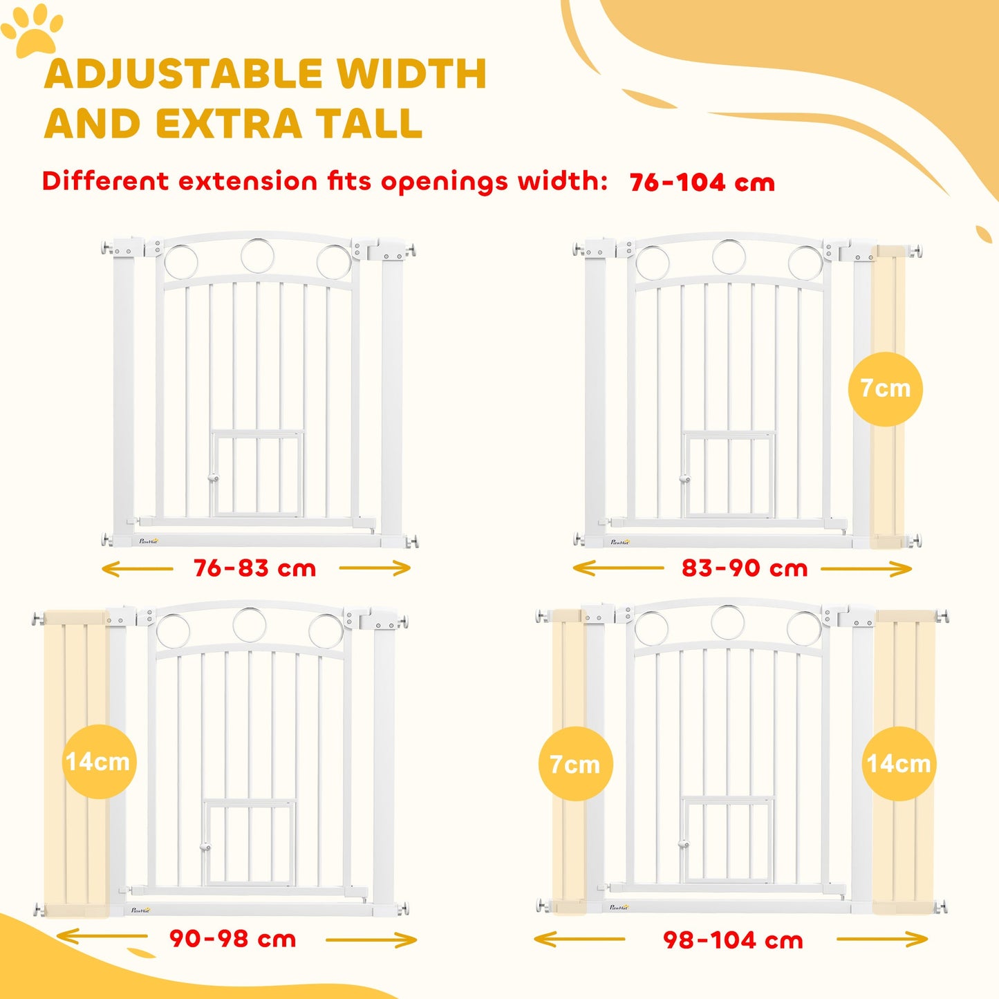 PawHut Stair Gate with Cat Door, Adjustable Width 76-104cm & 77cm Tall