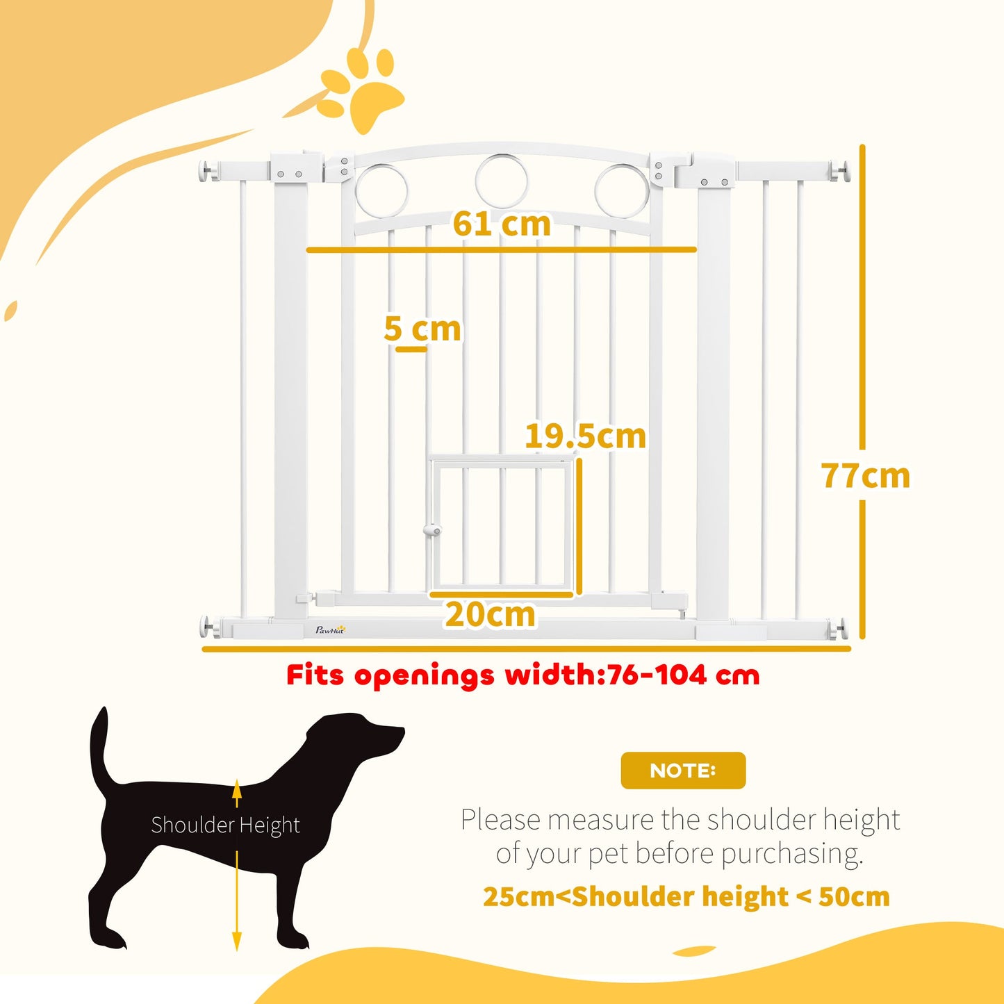 PawHut Stair Gate with Cat Door, Adjustable Width 76-104cm & 77cm Tall