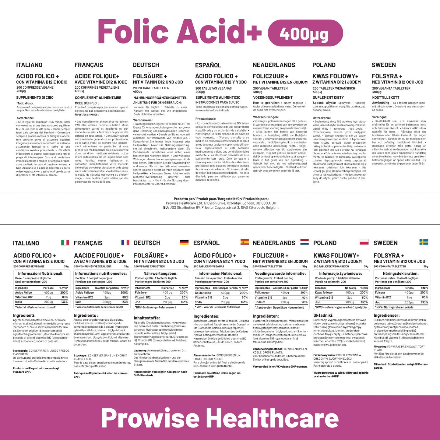 Folic Acid Tablets 400 mcg - 400 Vegan Vitamin B9 Tablets