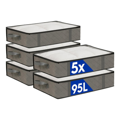 95 Litre Under Bed Storage Bags with Lid - Grey - Pack of 5