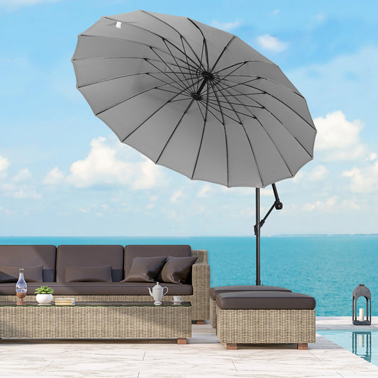 Outsunny 3(M) Cantilever Umbrella 18 Ribs & Vents Adjustable Angle For Patio Light Grey